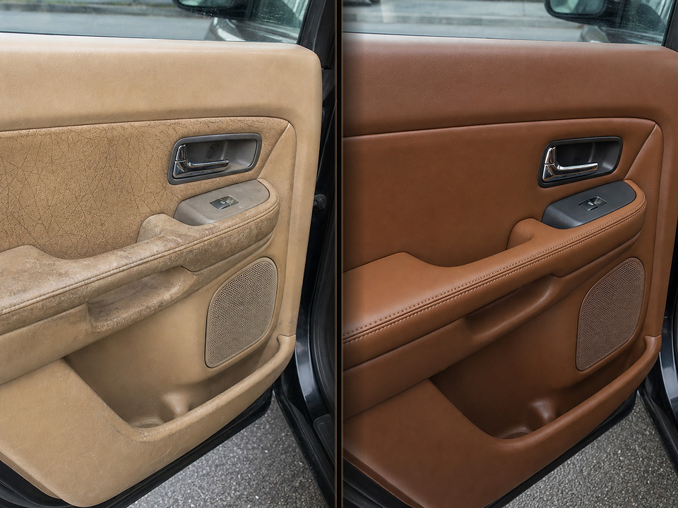 Перетяжка дверных карт saddle tan кожа · новый слайд 21 — до и после