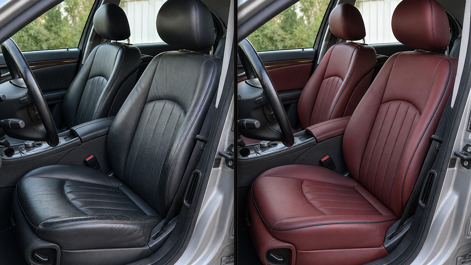 Mercedes-Benz E-Class — перетяжка сидений бордовой кожей
