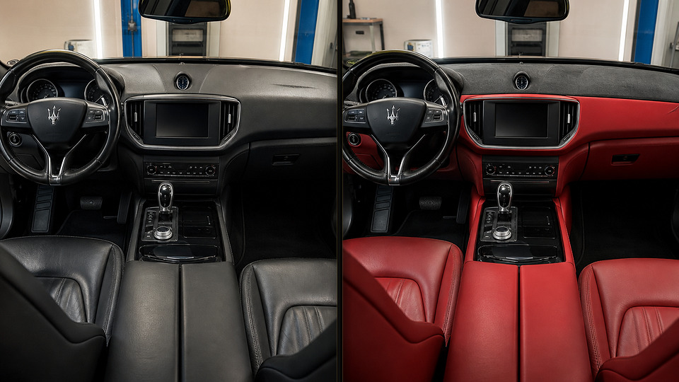 Maserati Ghibli — перетяжка торпеды красной кожей