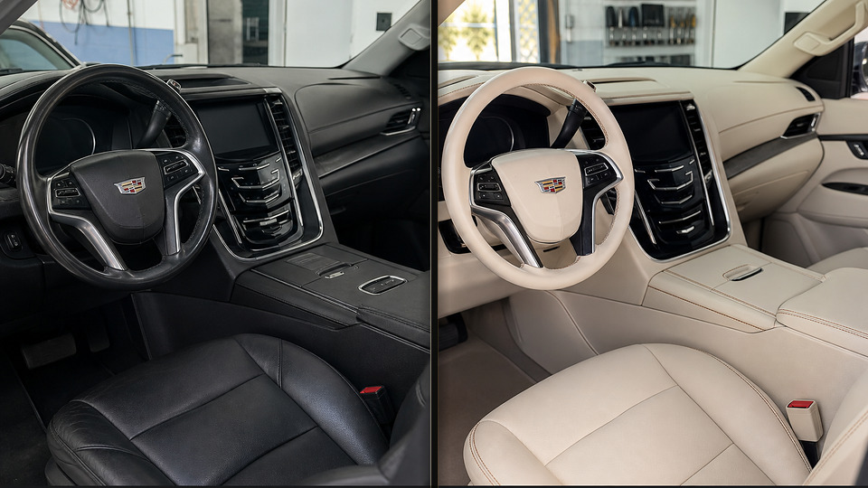 Cadillac Escalade — перетяжка торпеды кремовой кожей