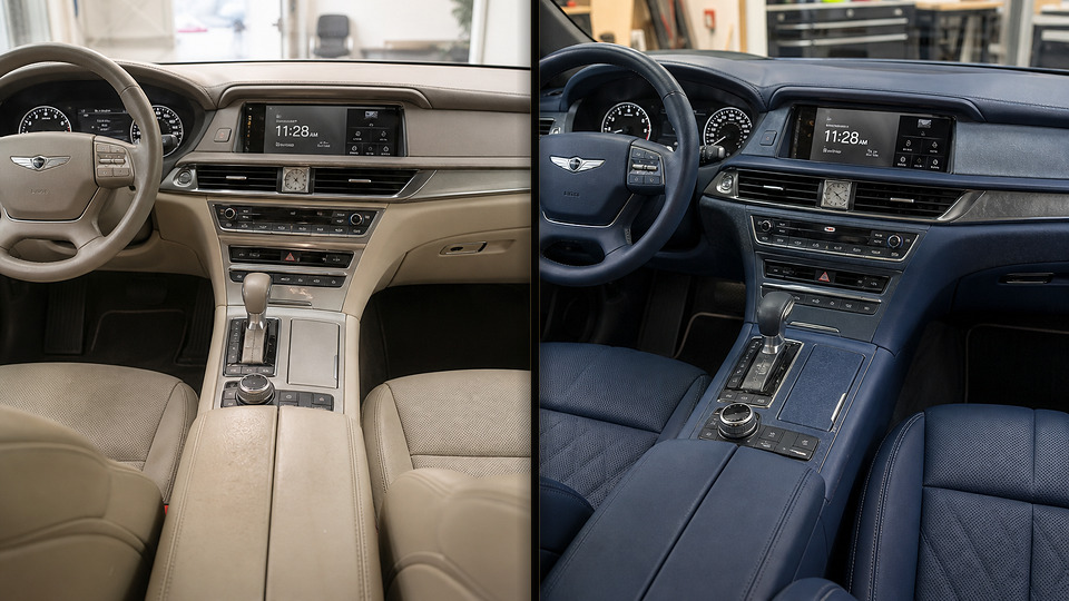 Genesis G90 — перетяжка торпеды тёмно-синей кожей