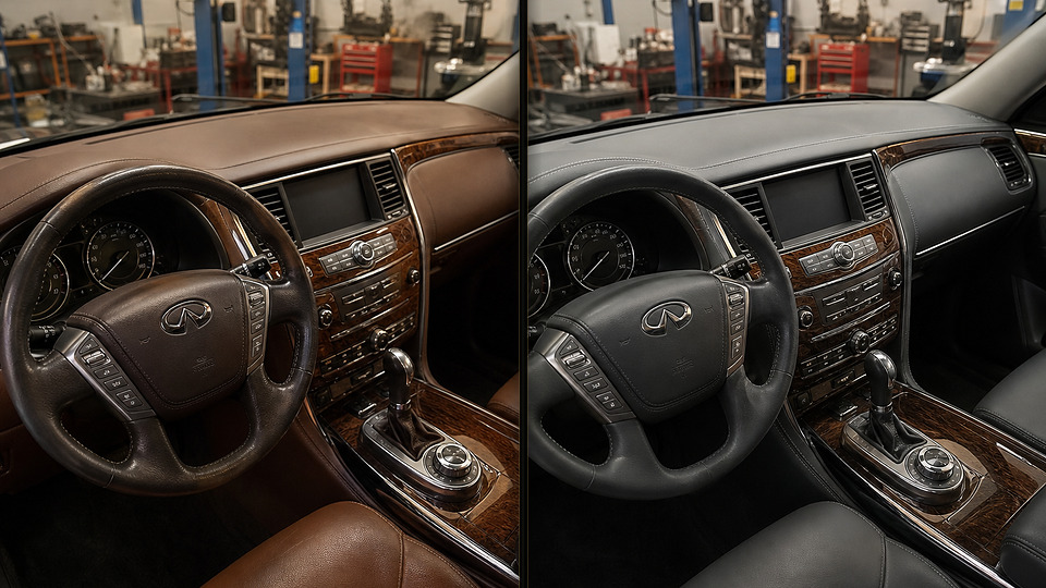 Infiniti QX80 — перетяжка торпеды серой кожей