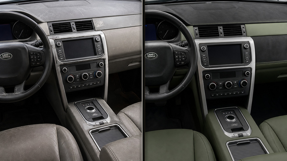 Land Rover Discovery — перетяжка торпеды оливковой кожей