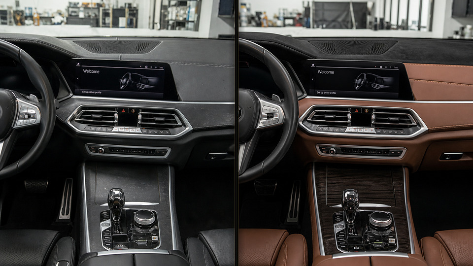 BMW X7 — перетяжка торпеды табачной кожей