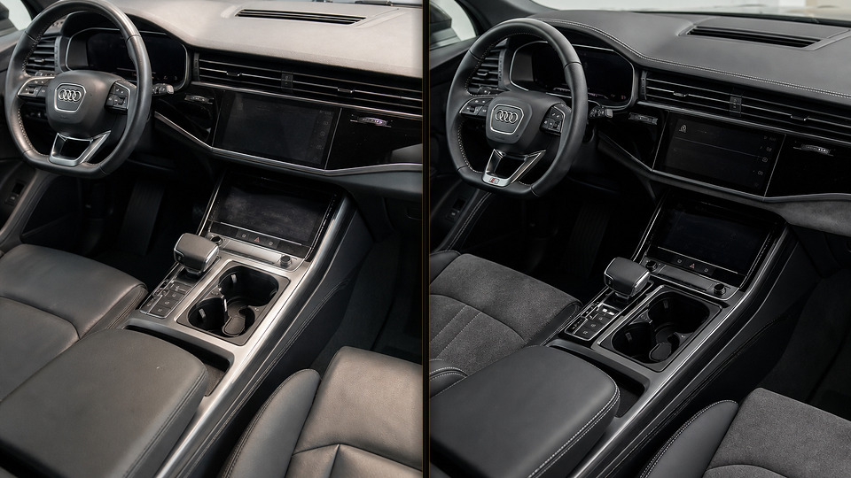 Audi Q7 — перетяжка торпеды чёрной кожей и Алькантарой