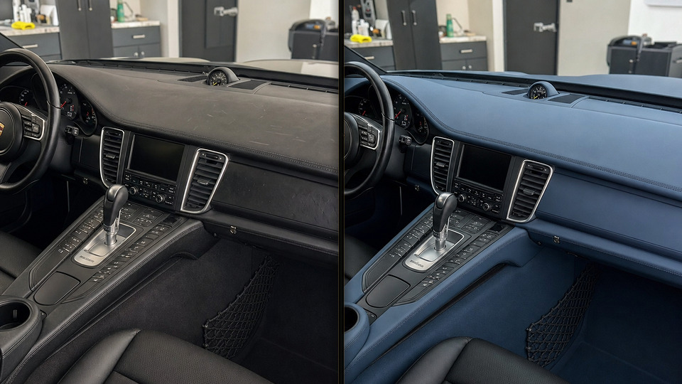 Porsche Panamera — перетяжка торпеды синей кожей