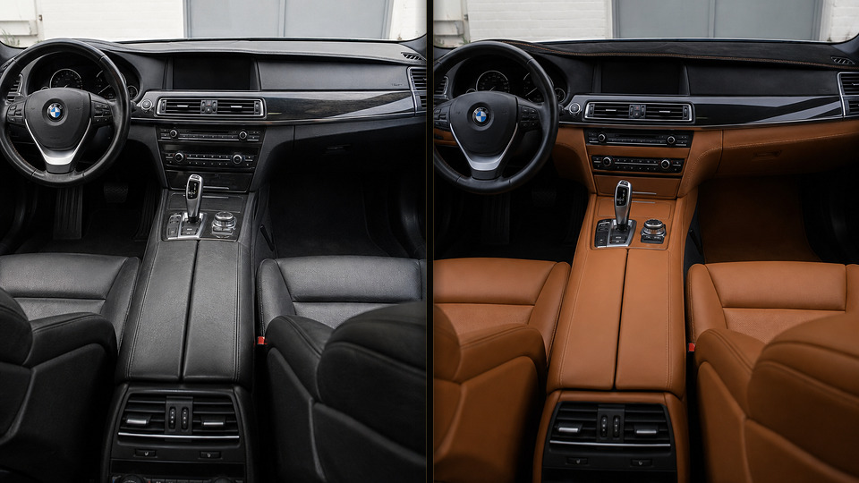 BMW 7 Series — перетяжка торпеды коньячной кожей