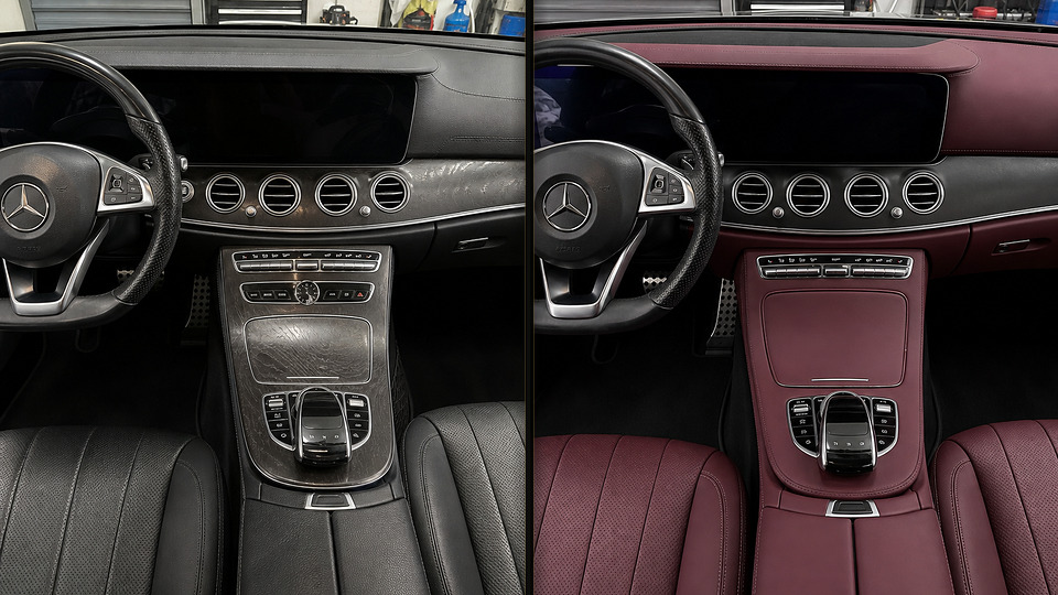 Mercedes-Benz E-Class — перетяжка торпеды бордовой кожей