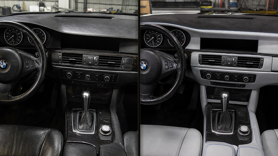 BMW 5 Series — перетяжка торпеды светло-серой кожей