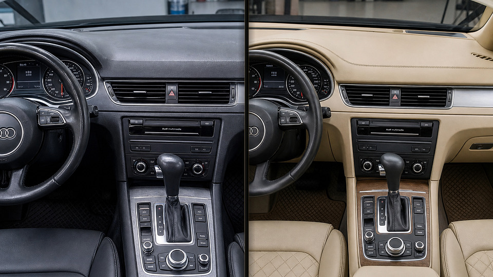 Audi A6 — перетяжка торпеды бежевой кожей