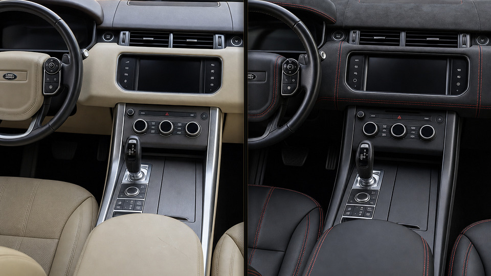 Range Rover Sport — перетяжка торпеды чёрной кожей
