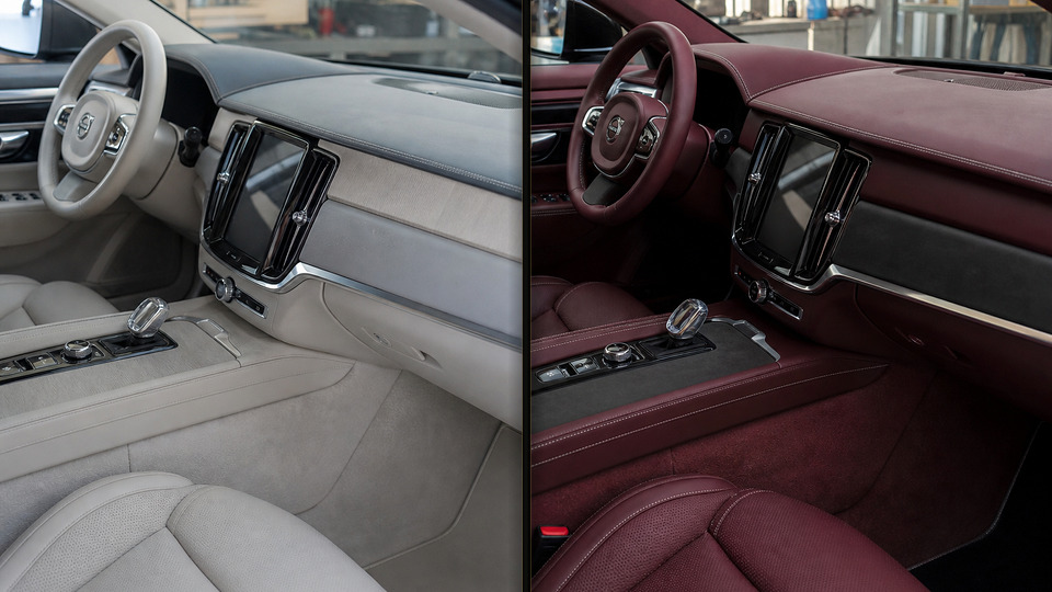 Volvo S90 — перетяжка торпеды бордовой кожей
