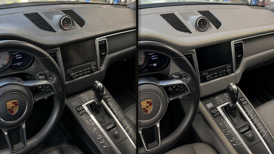 Porsche Macan — перетяжка торпеды серой кожей