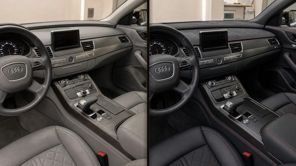 Audi A8 — перетяжка торпеды Алькантарой и кожей