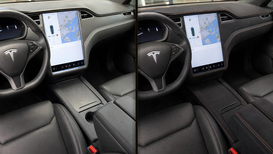 Tesla Model S — перетяжка торпеды матовой Алькантарой