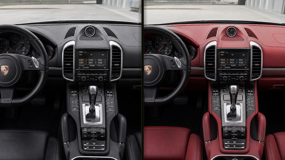 Porsche Cayenne — перетяжка торпеды красной кожей