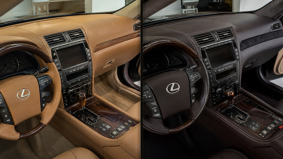 Lexus LS — перетяжка торпеды кожей espresso brown