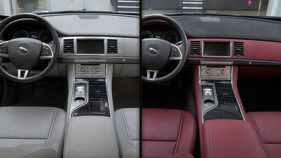 Jaguar XF — перетяжка торпеды бордовой кожей
