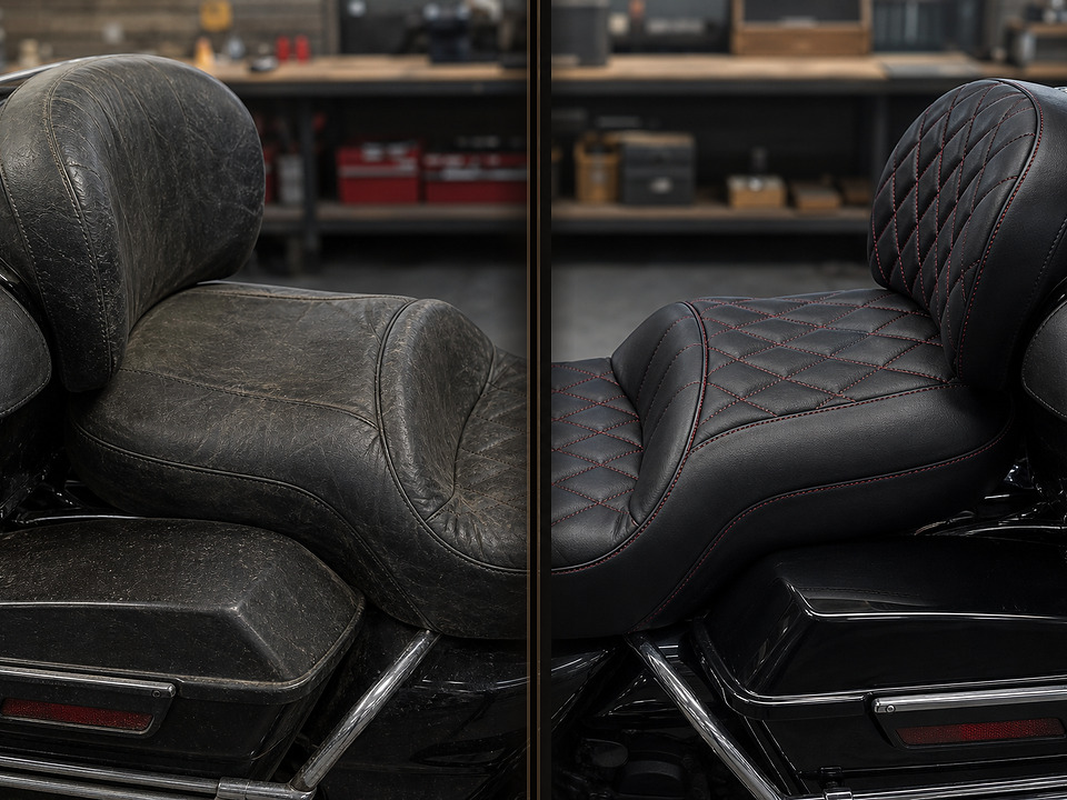 Перетяжка мото сидений Harley-Davidson · ромбовидная прострочка — до и после